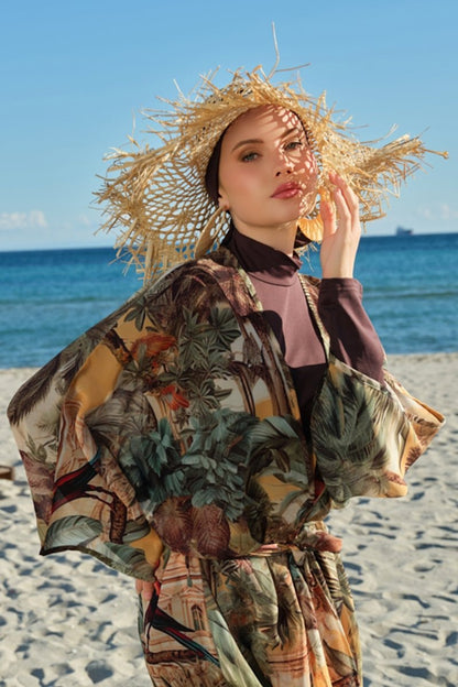 Tropical Patterned Belted Long Pareo 7168 - 26 Brown - ihvan