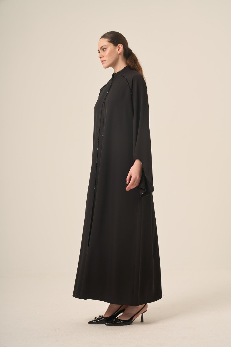 Two - Piece Abaya with Crystal Stone Detail and Mandarin Collar, 6509 - 25 Black - ihvan