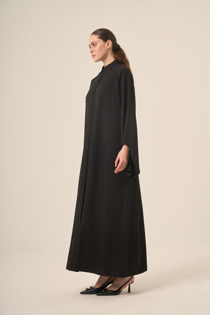Two - Piece Abaya with Crystal Stone Detail and Mandarin Collar, 6509 - 25 Black - ihvan