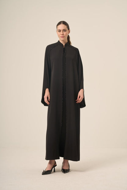Two - Piece Abaya with Crystal Stone Detail and Mandarin Collar, 6509 - 25 Black - ihvan
