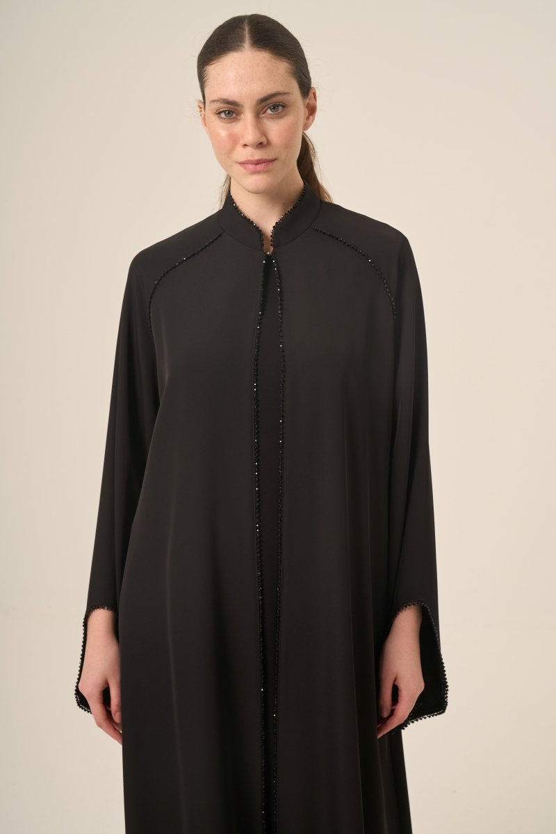 Two - Piece Abaya with Crystal Stone Detail and Mandarin Collar, 6509 - 25 Black - ihvan
