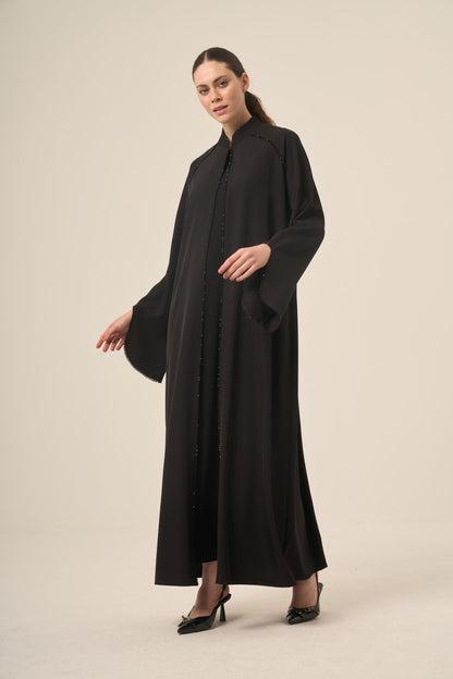 Two - Piece Abaya with Crystal Stone Detail and Mandarin Collar, 6509 - 25 Black - ihvan