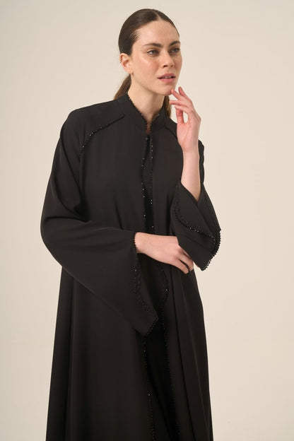 Two - Piece Abaya with Crystal Stone Detail and Mandarin Collar, 6509 - 25 Black - ihvan