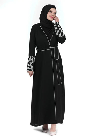 Two-Piece Hijab Abaya with Beaded Sleeves, Black 24378 - ihvan