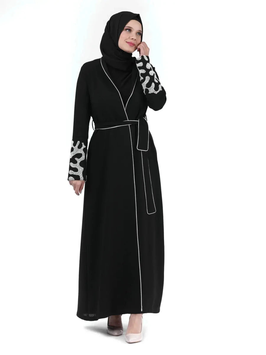 Two-Piece Hijab Abaya with Beaded Sleeves, Black 24378 - ihvan