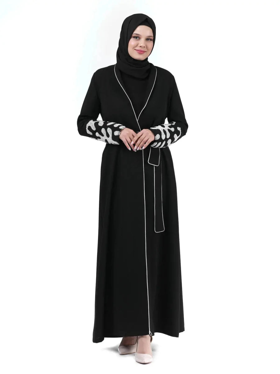 Two-Piece Hijab Abaya with Beaded Sleeves, Black 24378 - ihvan