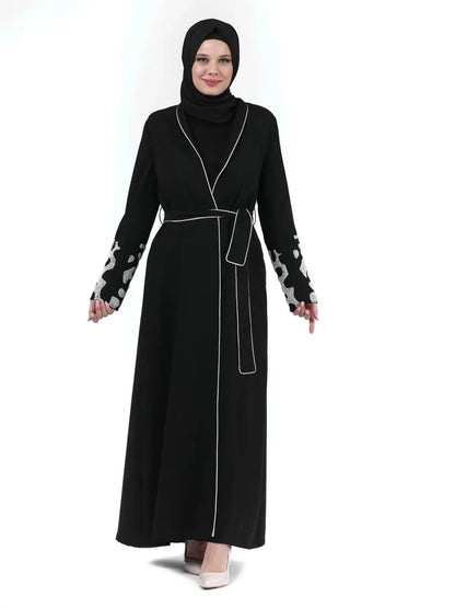 Two-Piece Hijab Abaya with Beaded Sleeves, Black 24378 - ihvan