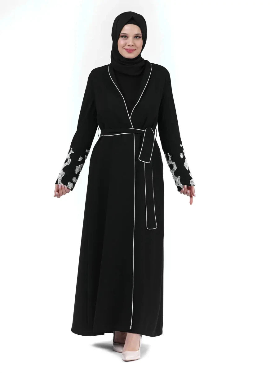 Two-Piece Hijab Abaya with Beaded Sleeves, Black 24378 - ihvan