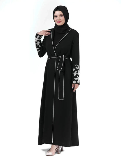 Two-Piece Hijab Abaya with Beaded Sleeves, Black 24378 - ihvan