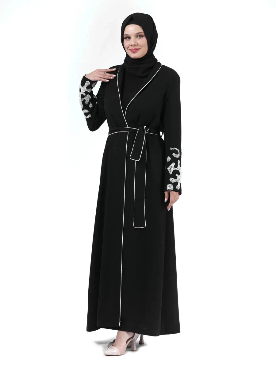Two-Piece Hijab Abaya with Beaded Sleeves, Black 24378 - ihvan