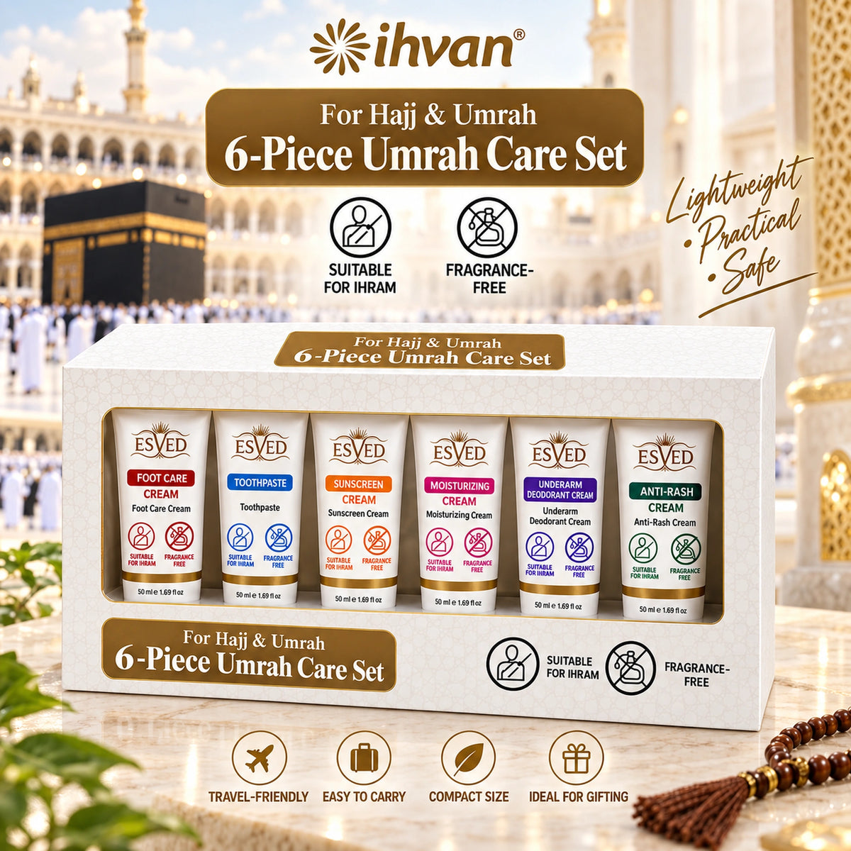 6-Piece Fragrance-Free & Alcohol-Free Hajj & Umrah Care Set – 50 ml