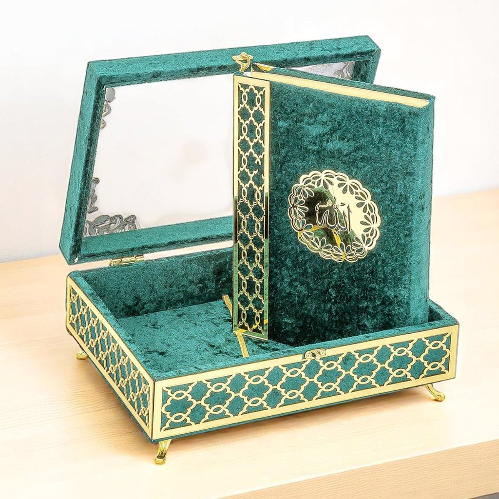 Velvet Covered Holy Quran Gift Set | Gold Embellished Glass - Top Rehal Box | Decorative Islamic Display for Ramadan & Eid - ihvan