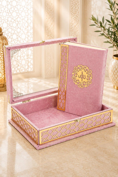 Velvet Covered Holy Quran Gift Set | Gold Embellished Glass-Top Rehal Box | Decorative Islamic Display for Ramadan & Eid - ihvan