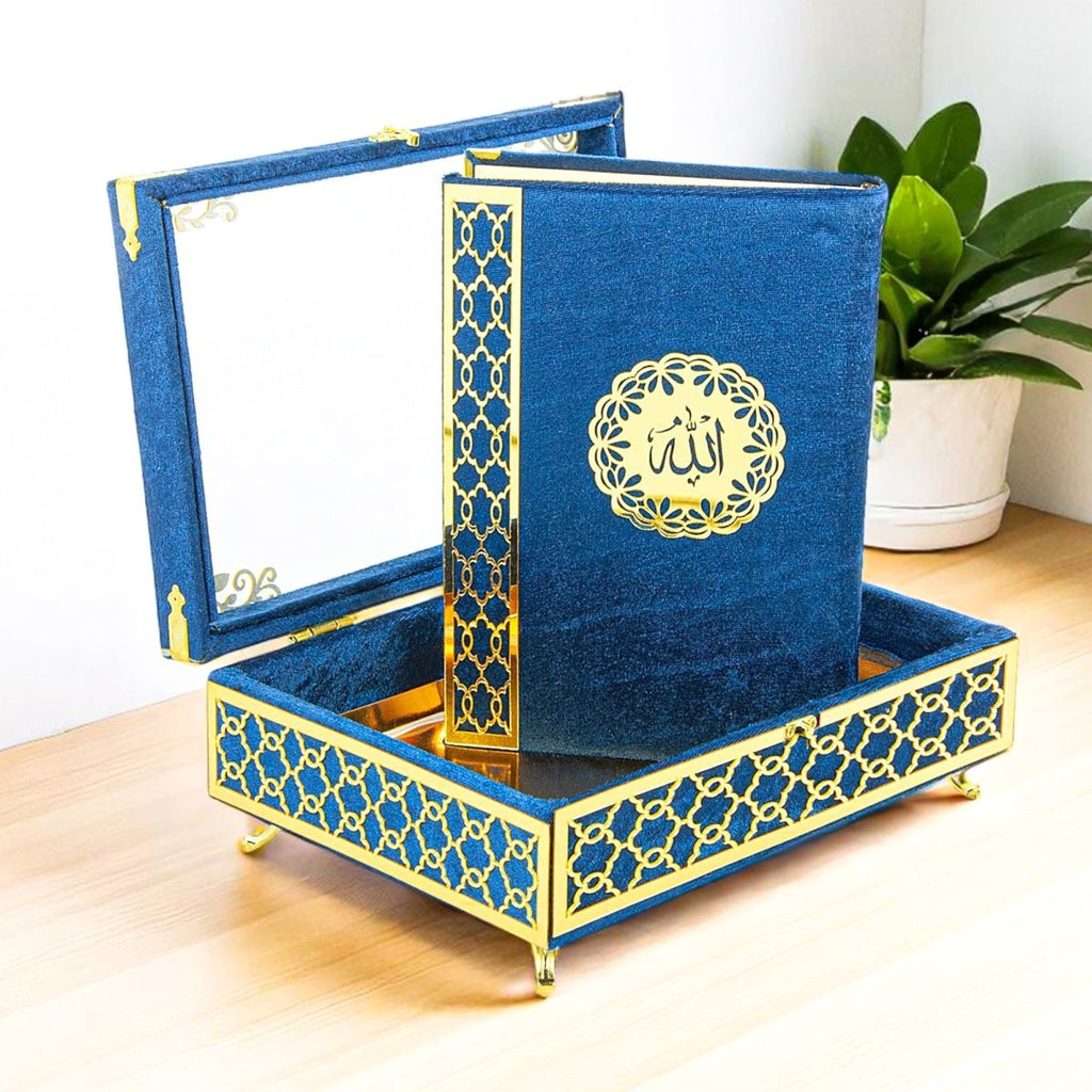 Velvet Covered Holy Quran Gift Set | Gold Embellished Glass - Top Rehal Box | Decorative Islamic Display for Ramadan & Eid - ihvan
