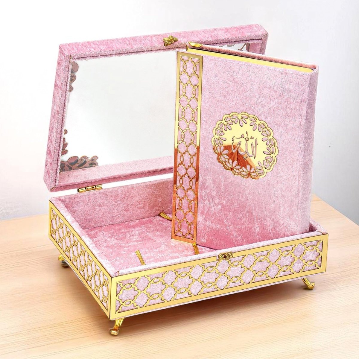 Velvet Covered Holy Quran Gift Set | Gold Embellished Glass - Top Rehal Box | Decorative Islamic Display for Ramadan & Eid - ihvan