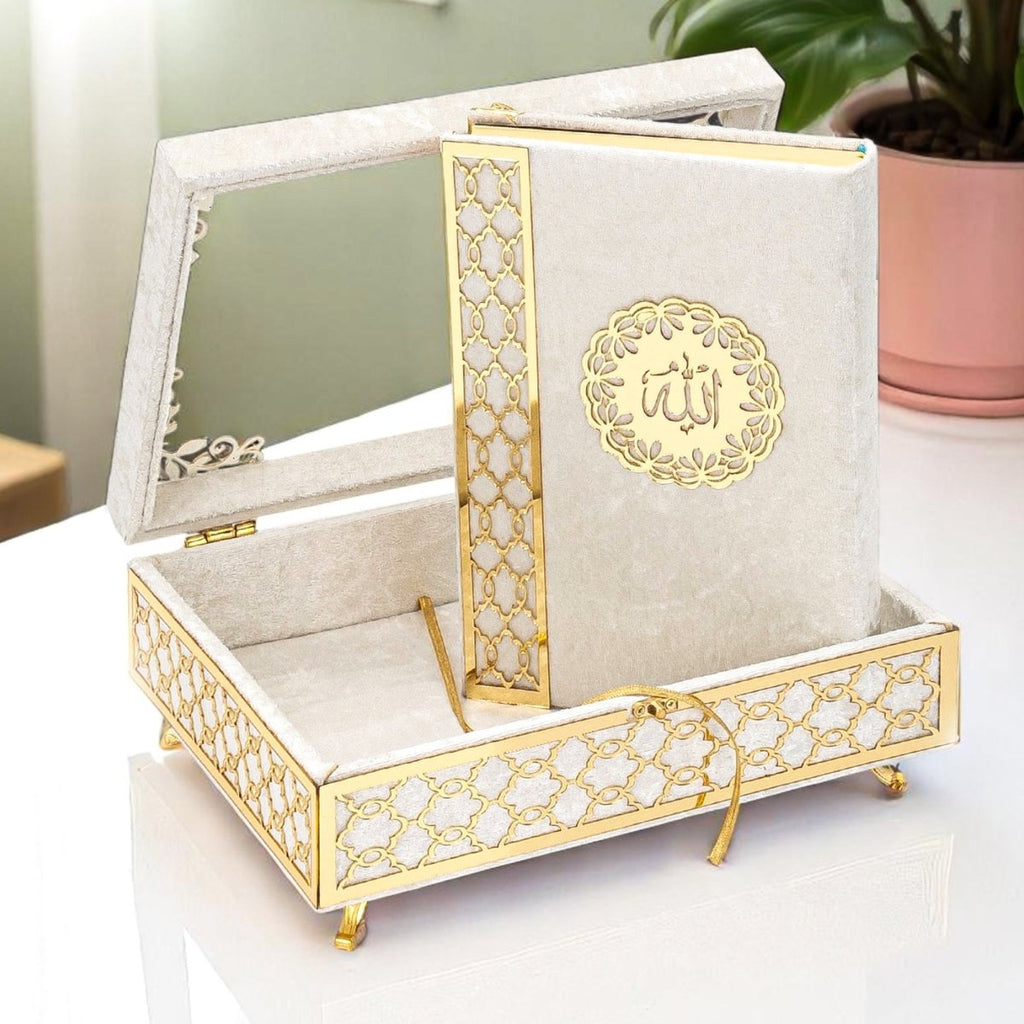 Velvet Covered Holy Quran Gift Set | Gold Embellished Glass - Top Rehal Box | Decorative Islamic Display for Ramadan & Eid - ihvan