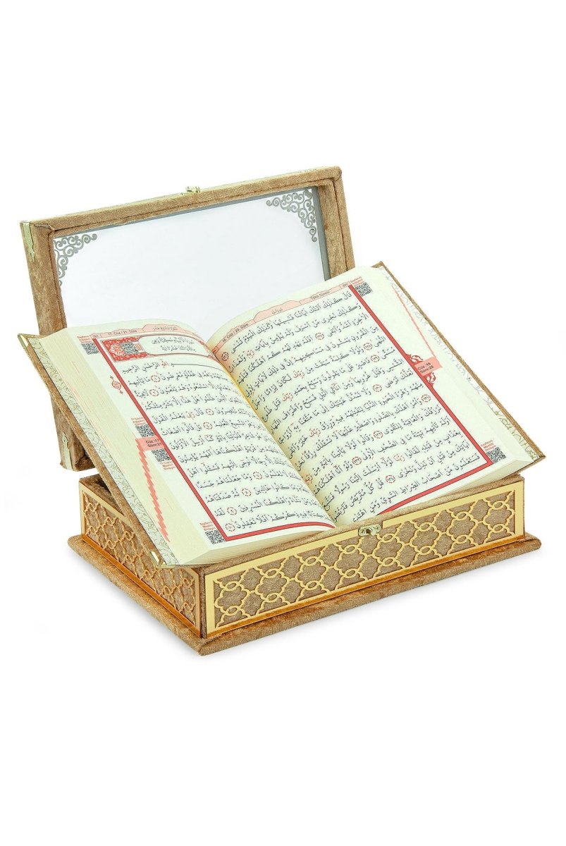 Velvet Covered Holy Quran Gift Set | Gold Embellished Glass-Top Rehal Box | Decorative Islamic Display for Ramadan & Eid - ihvan