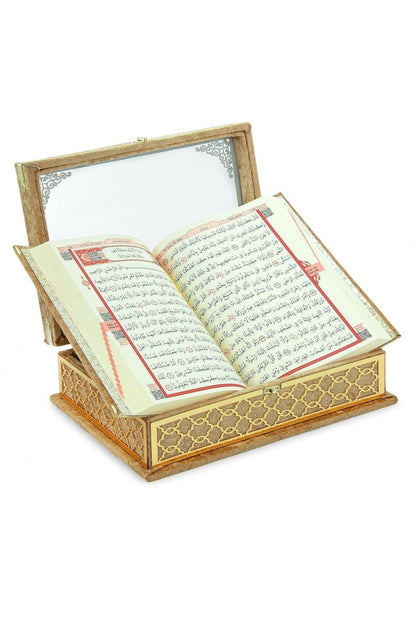 Velvet Covered Holy Quran Gift Set | Gold Embellished Glass-Top Rehal Box | Decorative Islamic Display for Ramadan & Eid - ihvan