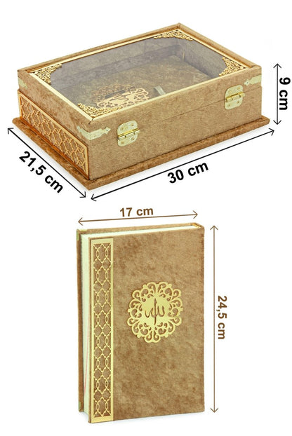 Velvet Covered Holy Quran Gift Set | Gold Embellished Glass-Top Rehal Box | Decorative Islamic Display for Ramadan & Eid - ihvan