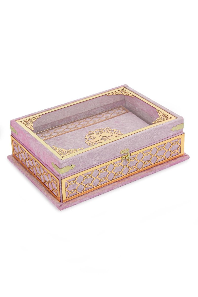 Velvet Covered Holy Quran Gift Set | Gold Embellished Glass-Top Rehal Box | Decorative Islamic Display for Ramadan & Eid - ihvan