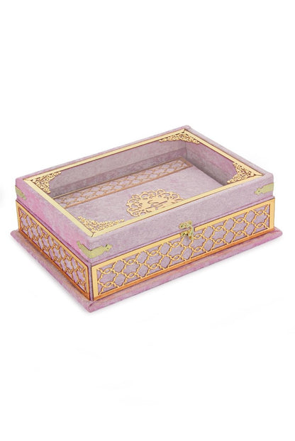 Velvet Covered Holy Quran Gift Set | Gold Embellished Glass-Top Rehal Box | Decorative Islamic Display for Ramadan & Eid - ihvan