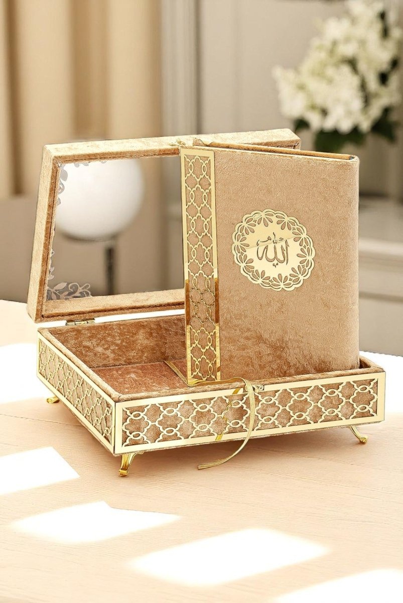 Velvet Covered Holy Quran Gift Set | Gold Embellished Glass - Top Rehal Box | Decorative Islamic Display for Ramadan & Eid - ihvan