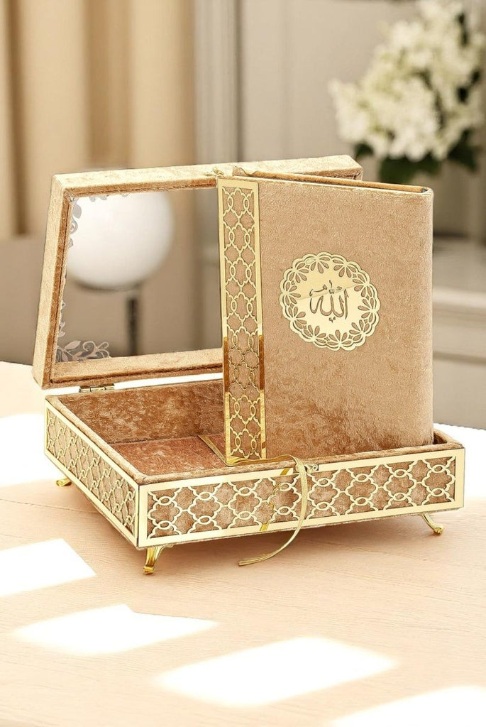 Velvet Covered Holy Quran Gift Set | Gold Embellished Glass - Top Rehal Box | Decorative Islamic Display for Ramadan & Eid - ihvan