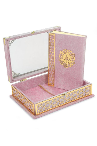 Velvet Covered Holy Quran Gift Set | Gold Embellished Glass-Top Rehal Box | Decorative Islamic Display for Ramadan & Eid - ihvan