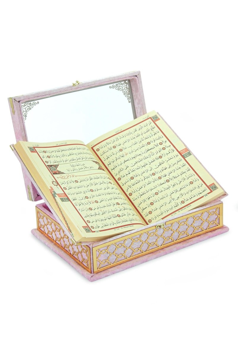 Velvet Covered Holy Quran Gift Set | Gold Embellished Glass-Top Rehal Box | Decorative Islamic Display for Ramadan & Eid - ihvan
