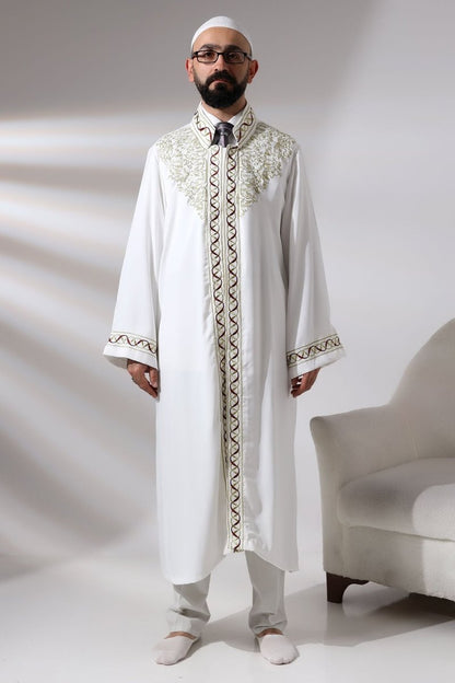 White Mandarin Collar Embroidered Men's Prayer Robe/Imam Robe - ihvan