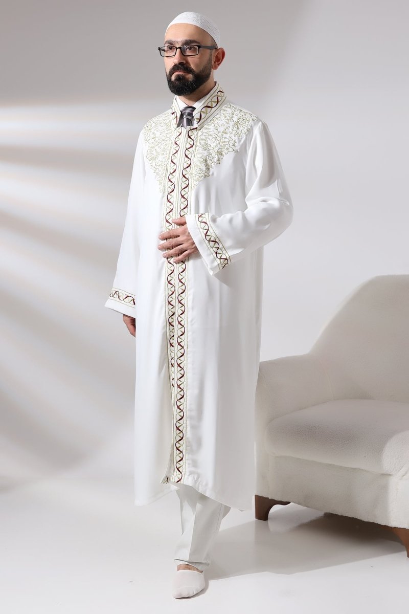 White Mandarin Collar Embroidered Men's Prayer Robe/Imam Robe - ihvan