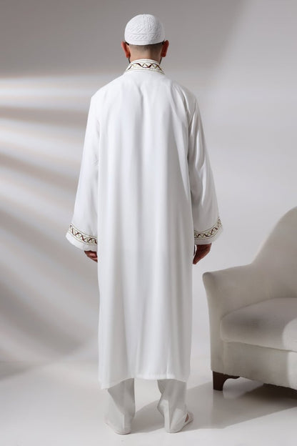 White Mandarin Collar Embroidered Men's Prayer Robe/Imam Robe - ihvan