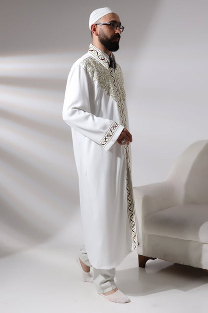 White Mandarin Collar Embroidered Men's Prayer Robe/Imam Robe - ihvan