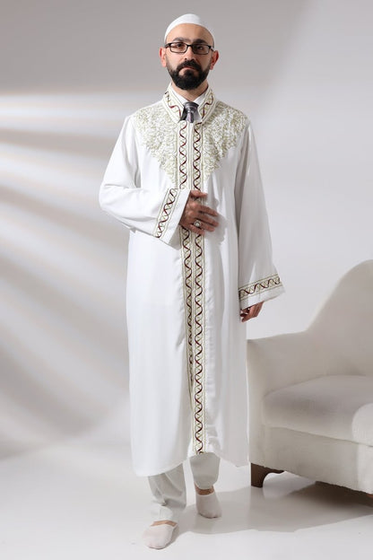 White Mandarin Collar Embroidered Men's Prayer Robe/Imam Robe - ihvan