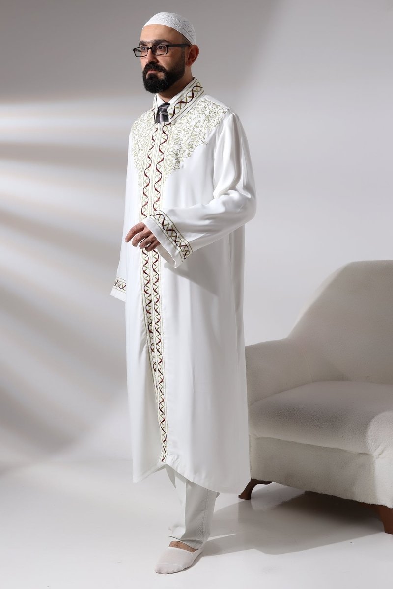 White Mandarin Collar Embroidered Men's Prayer Robe/Imam Robe - ihvan