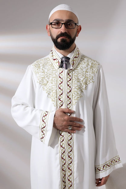 White Mandarin Collar Embroidered Men's Prayer Robe/Imam Robe - ihvan