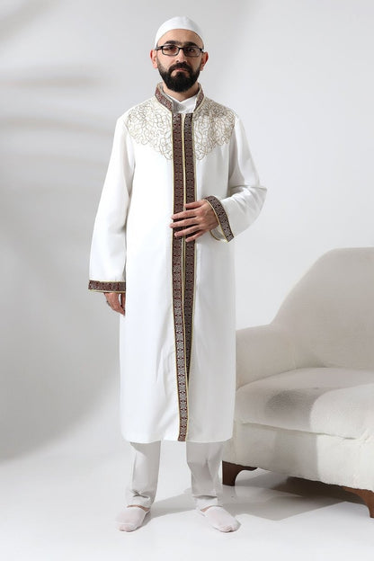 White Mandarin Collar Men's Prayer Robe with Burgundy Stripe Embroidery - ihvan