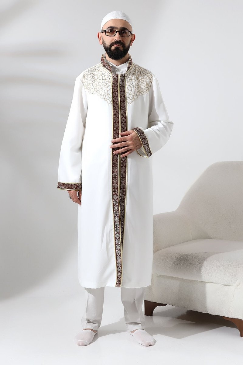 White Mandarin Collar Men's Prayer Robe with Burgundy Stripe Embroidery - ihvan