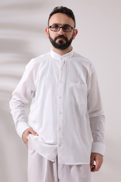 White Men's Loose Fit Single Pocket Mandarin Collar Hajj and Umrah Linen Shirt - ihvan