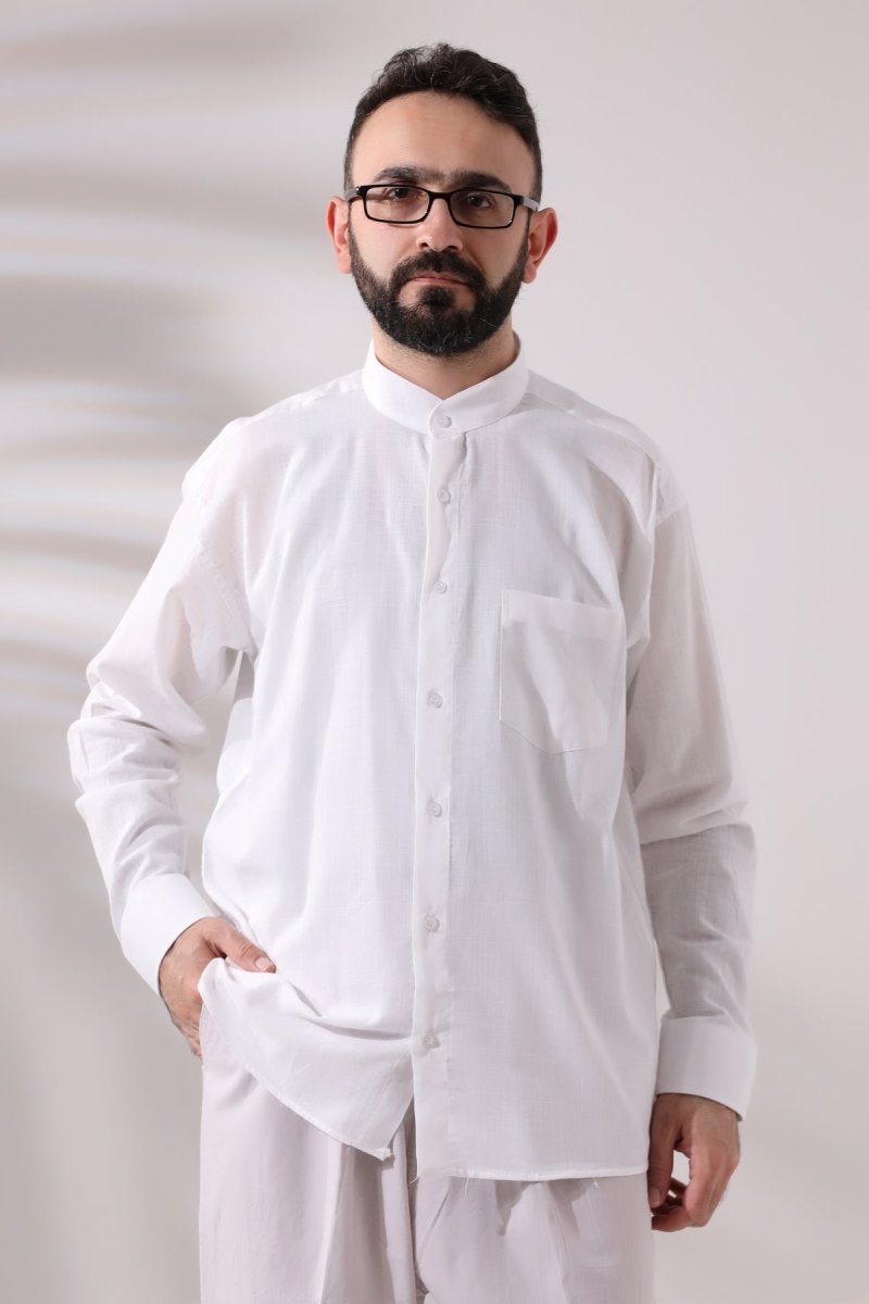 White Men's Loose Fit Single Pocket Mandarin Collar Hajj and Umrah Linen Shirt - ihvan