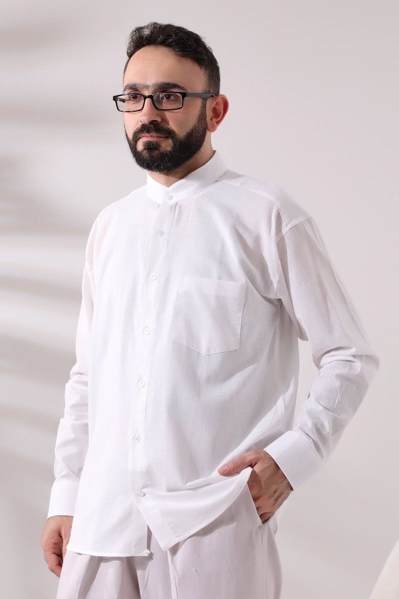 White Men's Loose Fit Single Pocket Mandarin Collar Hajj and Umrah Linen Shirt - ihvan