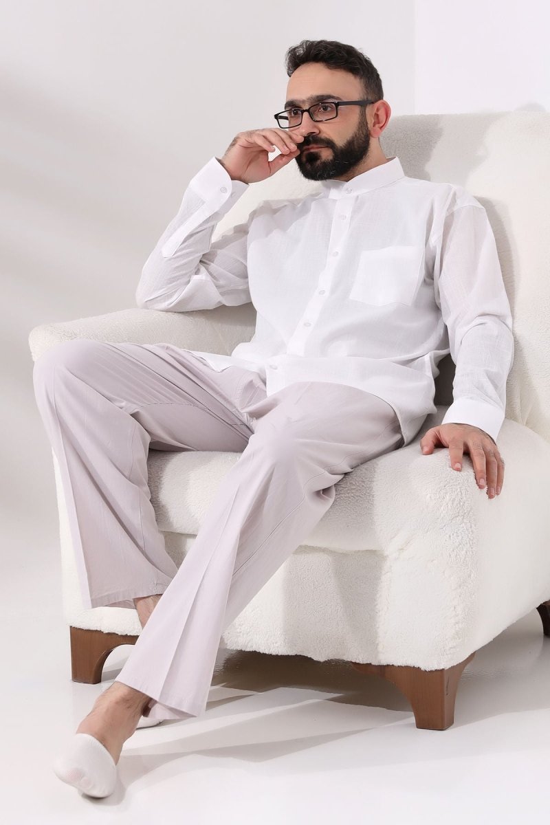 White Men's Loose Fit Single Pocket Mandarin Collar Hajj and Umrah Linen Shirt - ihvan