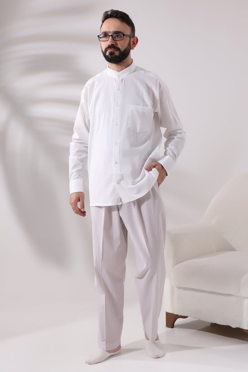 White Men's Loose Fit Single Pocket Mandarin Collar Hajj and Umrah Linen Shirt - ihvan