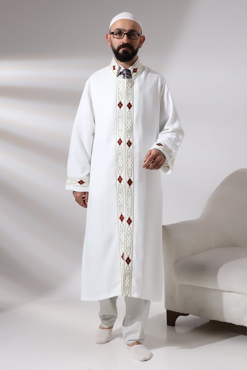 White Men's Prayer Robe with Embroidered Pattern and Mandarin Collar - ihvan