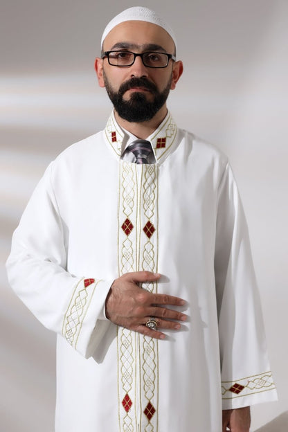 White Men's Prayer Robe with Embroidered Pattern and Mandarin Collar - ihvan
