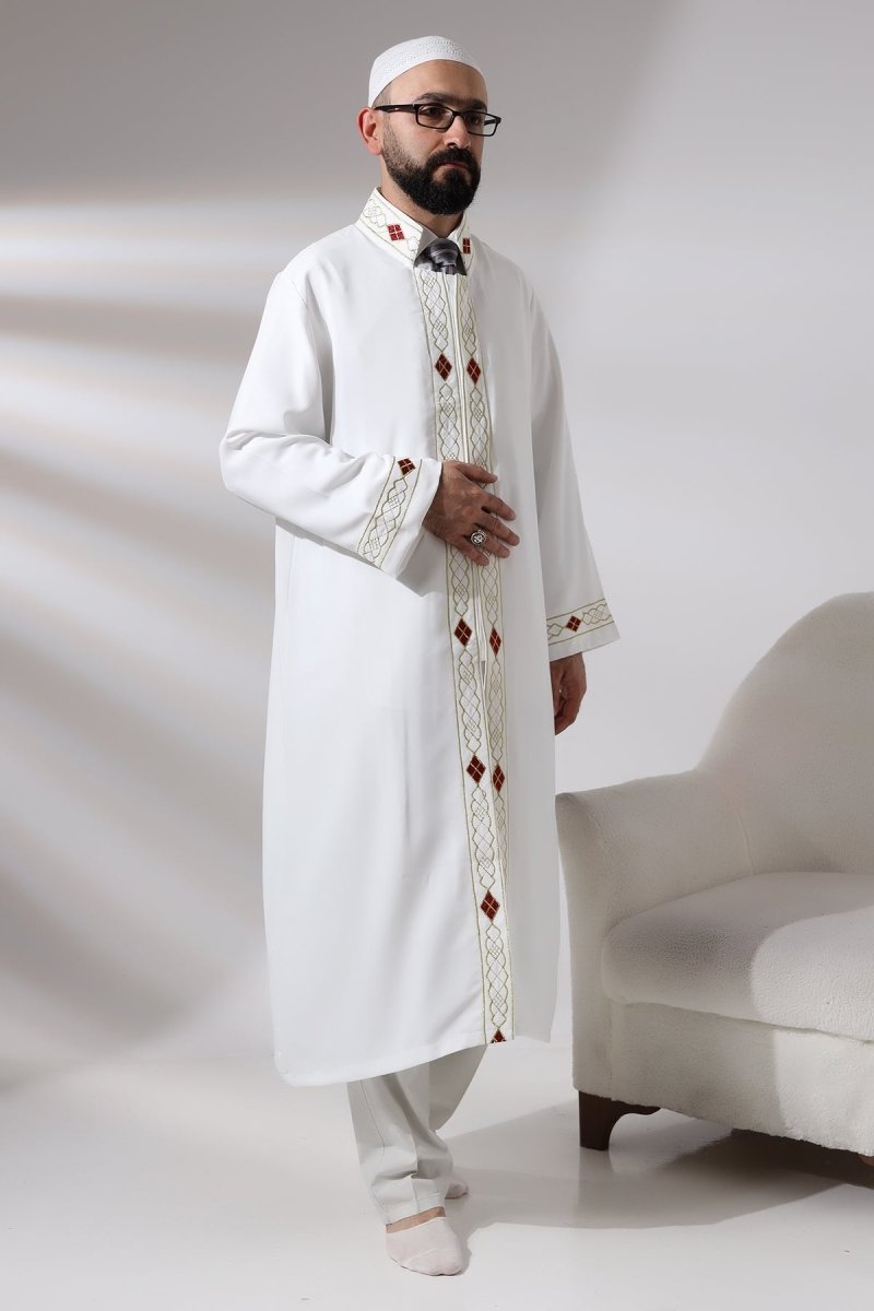 White Men's Prayer Robe with Embroidered Pattern and Mandarin Collar - ihvan