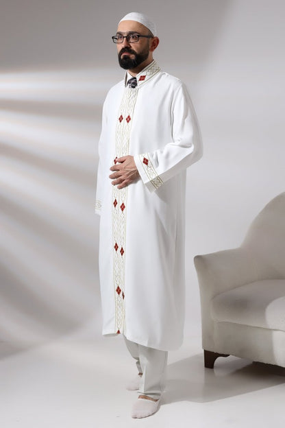 White Men's Prayer Robe with Embroidered Pattern and Mandarin Collar - ihvan