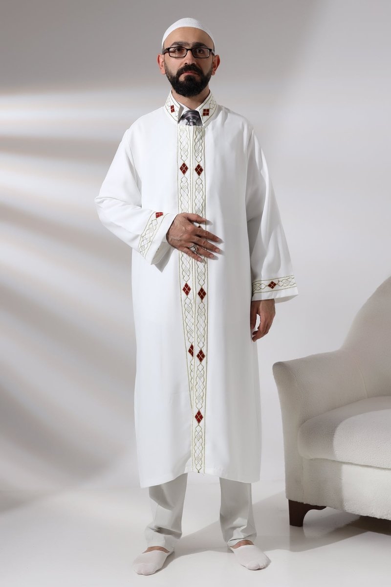 White Men's Prayer Robe with Embroidered Pattern and Mandarin Collar - ihvan