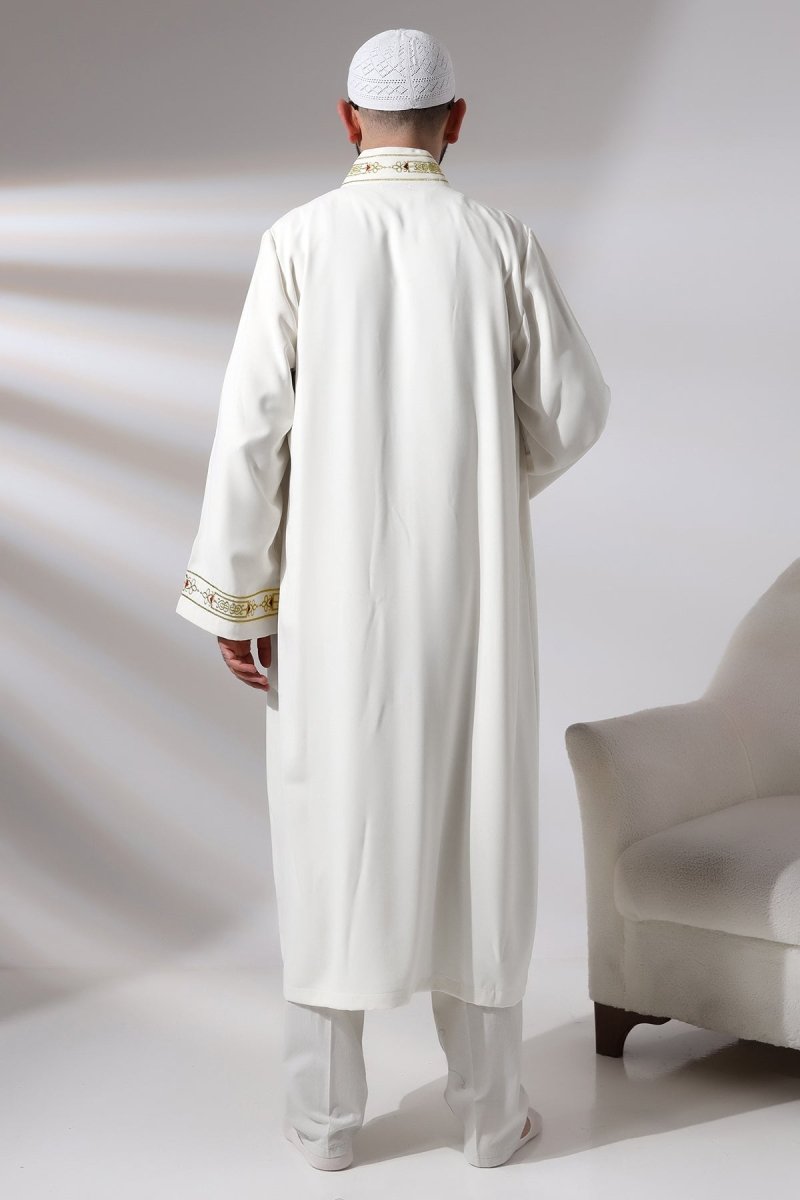 White Men's Prayer Robe with Mandarin Collar and Embroidered Imam Robe - ihvan