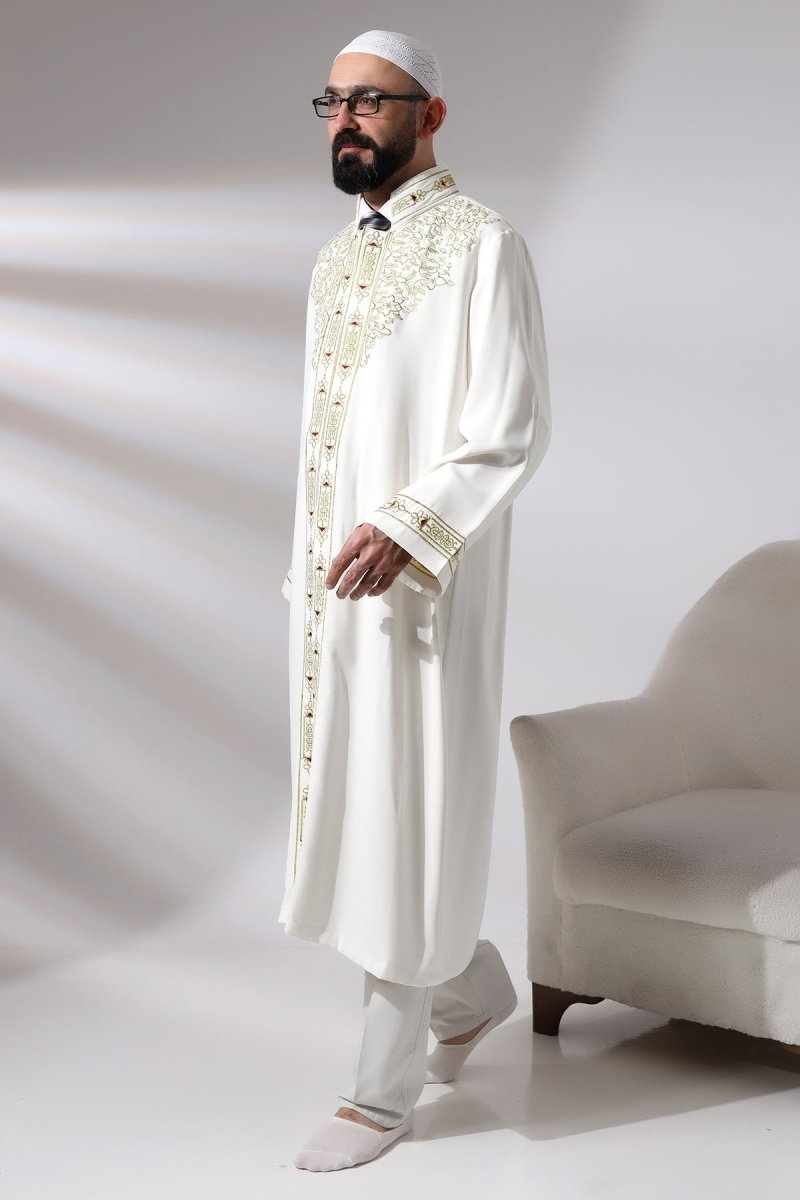 White Men's Prayer Robe with Mandarin Collar and Embroidered Imam Robe - ihvan
